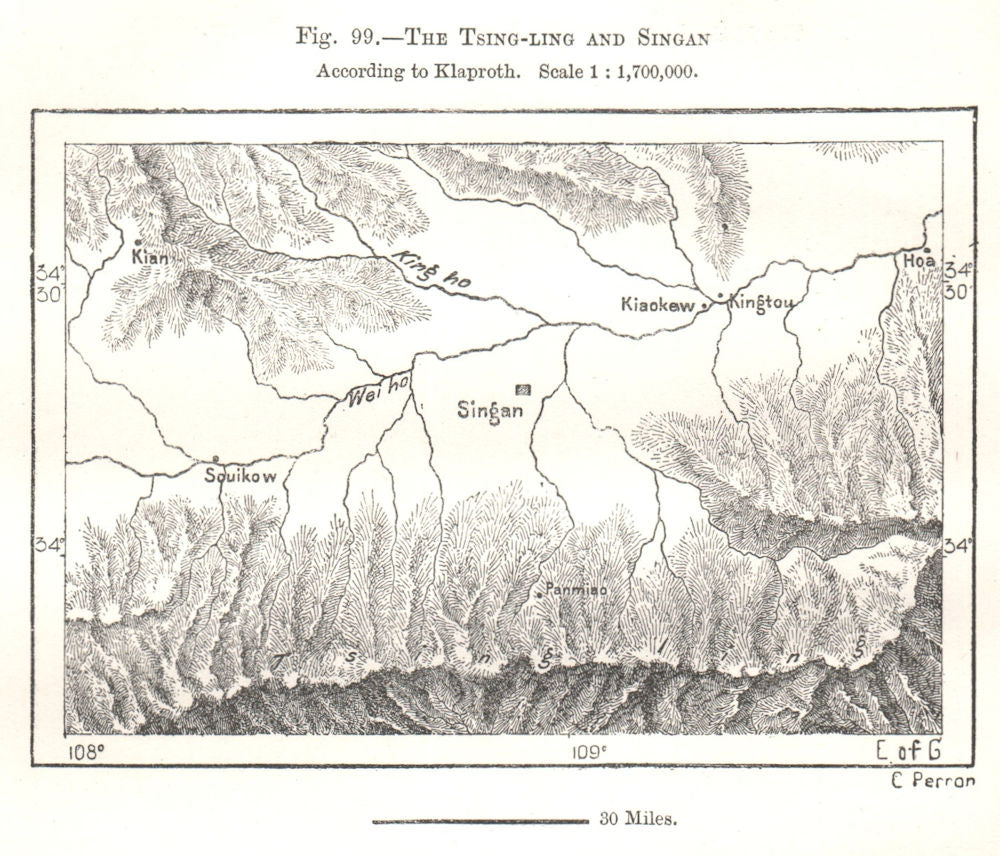 Tsing-ling (Qinling Mountains) & Singan (Xian). Klaproth. China. Sketch map 1885